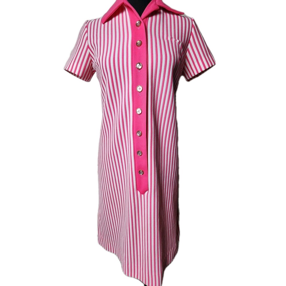 David‎ Crystal Vintage 70s Pink Stripe Polo Dress Tennis Mod Preppy Medium Retro